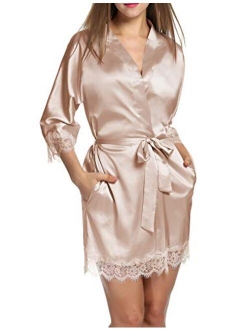 Women's Pure Color Short Satin Kimono Robes with Oblique V-Neck Bridesmaid Wedding Party Dressing Gown XS-XXL