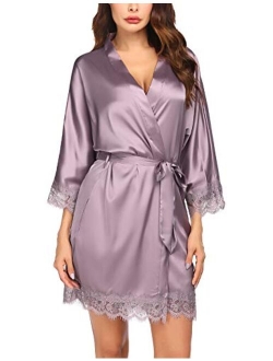 Women's Pure Color Short Satin Kimono Robes with Oblique V-Neck Bridesmaid Wedding Party Dressing Gown XS-XXL