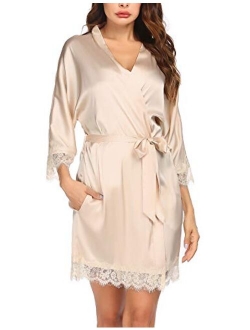 Women's Pure Color Short Satin Kimono Robes with Oblique V-Neck Bridesmaid Wedding Party Dressing Gown XS-XXL