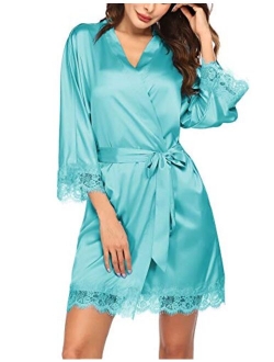 Women's Pure Color Short Satin Kimono Robes with Oblique V-Neck Bridesmaid Wedding Party Dressing Gown XS-XXL