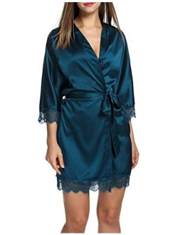 Women's Pure Color Short Satin Kimono Robes with Oblique V-Neck Bridesmaid Wedding Party Dressing Gown XS-XXL