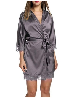 Women's Pure Color Short Satin Kimono Robes with Oblique V-Neck Bridesmaid Wedding Party Dressing Gown XS-XXL