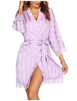 Women's Pure Color Short Satin Kimono Robes with Oblique V-Neck Bridesmaid Wedding Party Dressing Gown XS-XXL