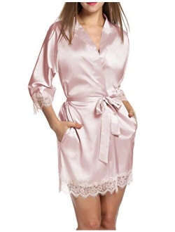 Women's Pure Color Short Satin Kimono Robes with Oblique V-Neck Bridesmaid Wedding Party Dressing Gown XS-XXL