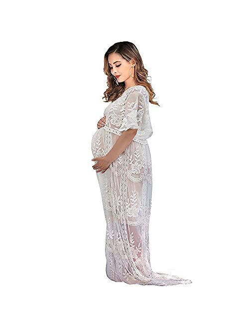 Women's Long Sleeve V Neck White Lace Floral Maternity Gown Maxi Photography Dress