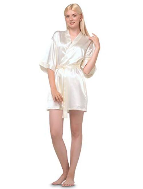 Women's Pure Color Satin Short Kimono Bridesmaids Lingerie Robes