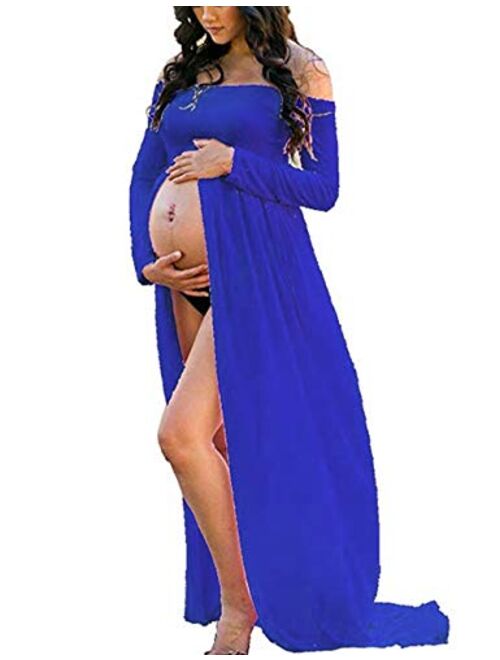 JustVH Maternity Off Shoulder Chiffon Gown Long Sleeve Front Split Maxi Photography Dress