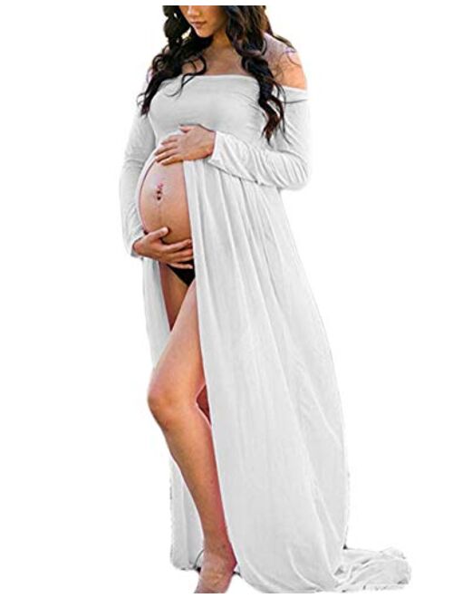 JustVH Maternity Off Shoulder Chiffon Gown Long Sleeve Front Split Maxi Photography Dress