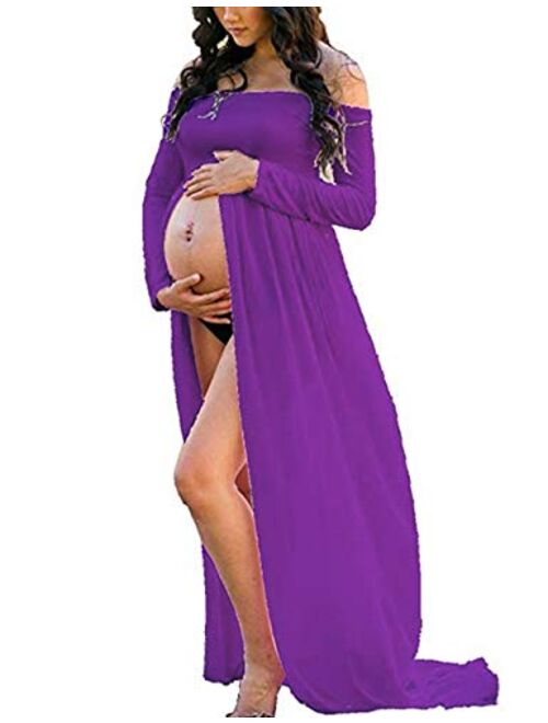 JustVH Maternity Off Shoulder Chiffon Gown Long Sleeve Front Split Maxi Photography Dress