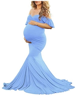 Off Shoulder Ruffle Sleeves Elegant Fitted Maxi Maternity Dress for Photoshoot Baby Shower