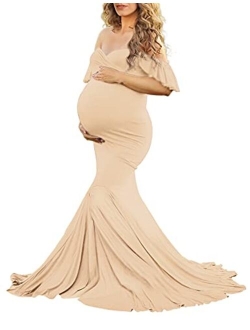 Off Shoulder Ruffle Sleeves Elegant Fitted Maxi Maternity Dress for Photoshoot Baby Shower