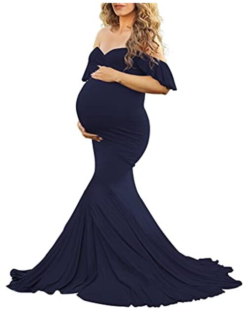 Saslax Off Shoulder Ruffle Sleeves Elegant Fitted Maxi Maternity Dress for Photoshoot Baby Shower