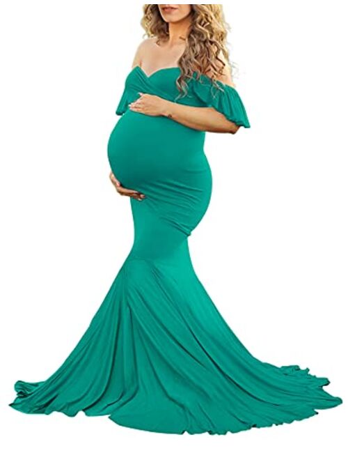 Saslax Off Shoulder Ruffle Sleeves Elegant Fitted Maxi Maternity Dress for Photoshoot Baby Shower