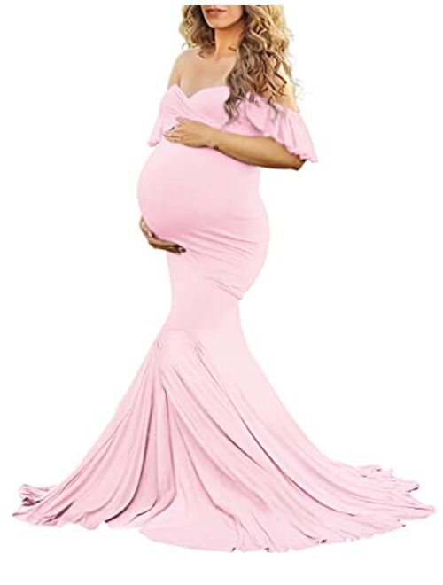 Saslax Off Shoulder Ruffle Sleeves Elegant Fitted Maxi Maternity Dress for Photoshoot Baby Shower