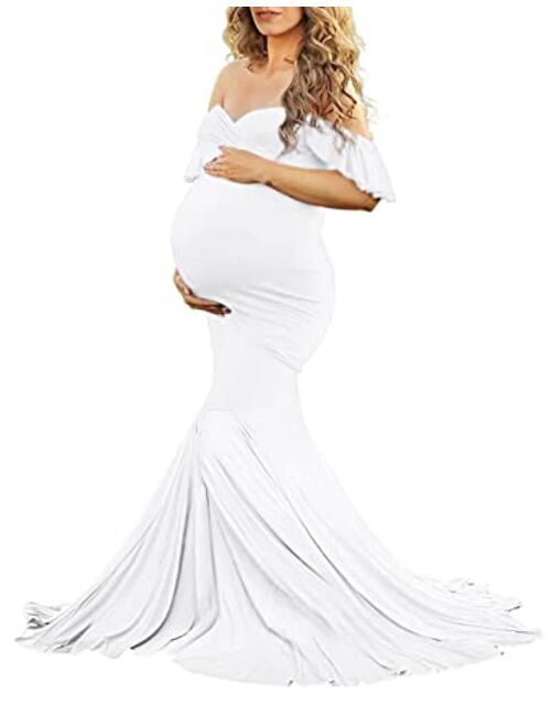 Saslax Off Shoulder Ruffle Sleeves Elegant Fitted Maxi Maternity Dress for Photoshoot Baby Shower