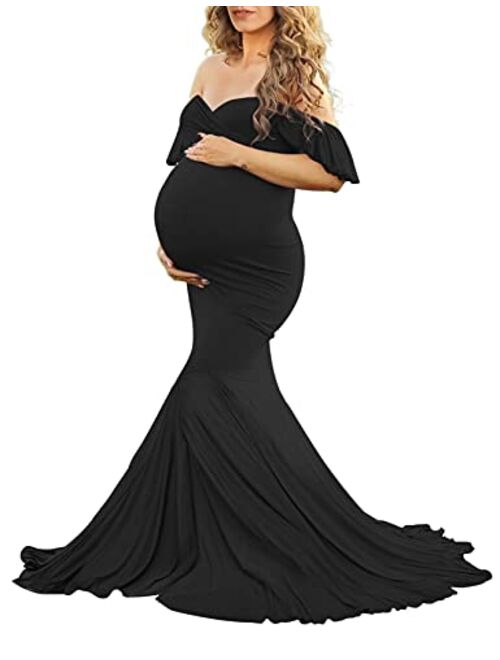 Saslax Off Shoulder Ruffle Sleeves Elegant Fitted Maxi Maternity Dress for Photoshoot Baby Shower