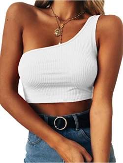 PRETTODAY Women's Sleeveless Crop Tops Sexy One Shoulder Strappy Tees