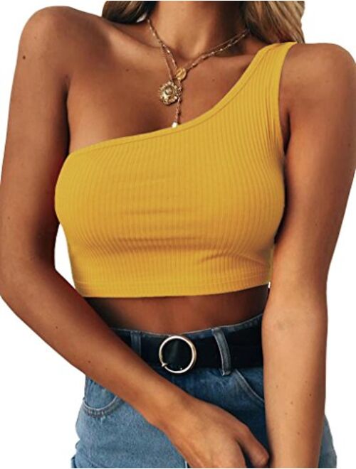 PRETTODAY Women's Sleeveless Crop Tops Sexy One Shoulder Strappy Tees