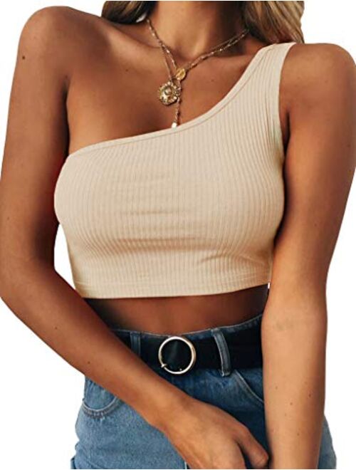 PRETTODAY Women's Sleeveless Crop Tops Sexy One Shoulder Strappy Tees