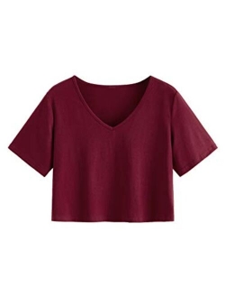 Women's Casual Round Neck Short Sleeve Soild Basic Crop Top T-Shirt