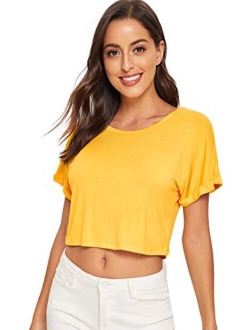 Women's Casual Round Neck Short Sleeve Soild Basic Crop Top T-Shirt