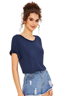 Women's Casual Round Neck Short Sleeve Soild Basic Crop Top T-Shirt