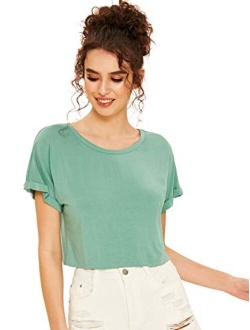 Women's Casual Round Neck Short Sleeve Soild Basic Crop Top T-Shirt