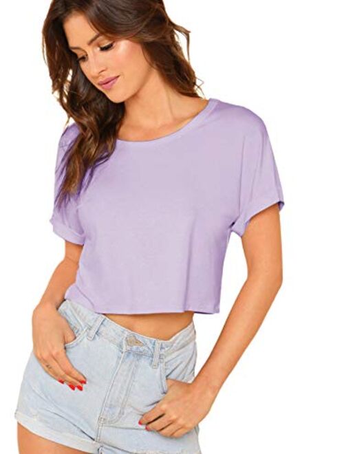 SweatyRocks Women's Casual Round Neck Short Sleeve Soild Basic Crop Top T-Shirt