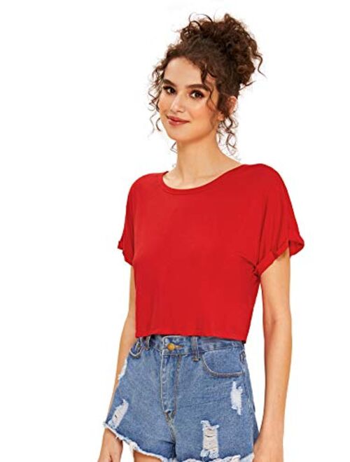 SweatyRocks Women's Casual Round Neck Short Sleeve Soild Basic Crop Top T-Shirt