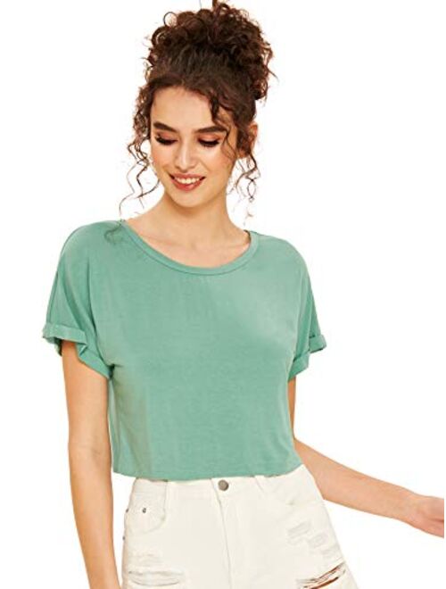 SweatyRocks Women's Casual Round Neck Short Sleeve Soild Basic Crop Top T-Shirt