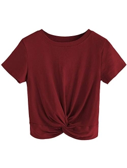 Women's Summer Crop Top Solid Short Sleeve Twist Front Tee T-Shirt