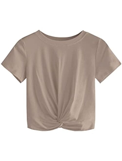 Women's Summer Crop Top Solid Short Sleeve Twist Front Tee T-Shirt