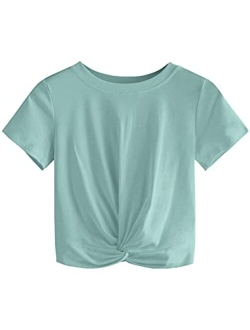 Women's Summer Crop Top Solid Short Sleeve Twist Front Tee T-Shirt