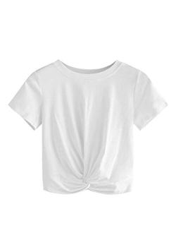 Women's Summer Crop Top Solid Short Sleeve Twist Front Tee T-Shirt