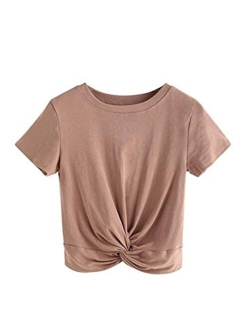 Women's Summer Crop Top Solid Short Sleeve Twist Front Tee T-Shirt