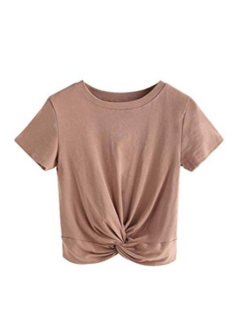 MakeMeChic Women's Summer Crop Top Solid Short Sleeve Twist Front Tee T-Shirt