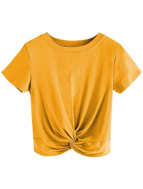 MakeMeChic Women's Summer Crop Top Solid Short Sleeve Twist Front Tee T-Shirt