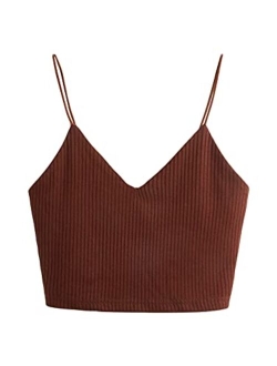 Women's Casual V Neck Sleeveless Ribbed Knit Cami Crop Top