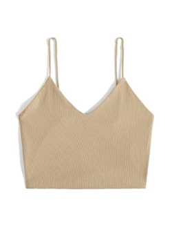 Women's Casual V Neck Sleeveless Ribbed Knit Cami Crop Top