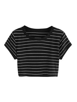 Women's Short Sleeve Striped Crop T-Shirt Casual Tee Tops