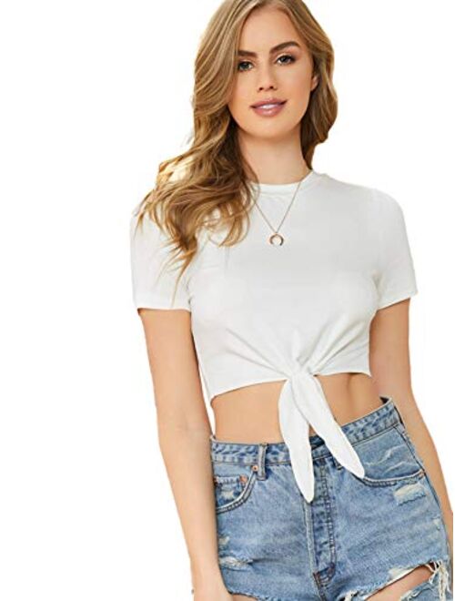 SweatyRocks Women's Summer Short Sleeve Crop Top T-Shirt Tie Front Blouse Top