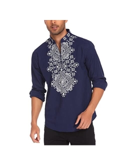 Men's Slim Fit Hippie Shirt Long Sleeve Floral Print Casual Zip Up Cotton Beach Party Henley T Shirt