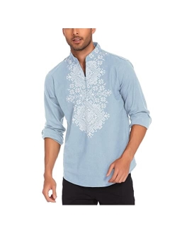 Men's Slim Fit Hippie Shirt Long Sleeve Floral Print Casual Zip Up Cotton Beach Party Henley T Shirt