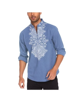 Men's Slim Fit Hippie Shirt Long Sleeve Floral Print Casual Zip Up Cotton Beach Party Henley T Shirt