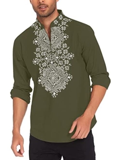 Men's Slim Fit Hippie Shirt Long Sleeve Floral Print Casual Zip Up Cotton Beach Party Henley T Shirt