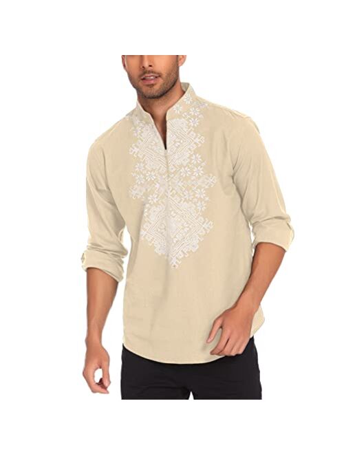 COOFANDY Men's Slim Fit Hippie Shirt Long Sleeve Floral Print Casual Zip Up Cotton Beach Party Henley T Shirt