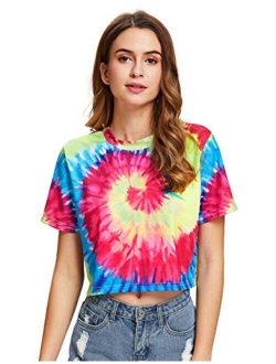 Women's Tie Dye Print Round Neck Short Sleeve Crop T-Shirt Top