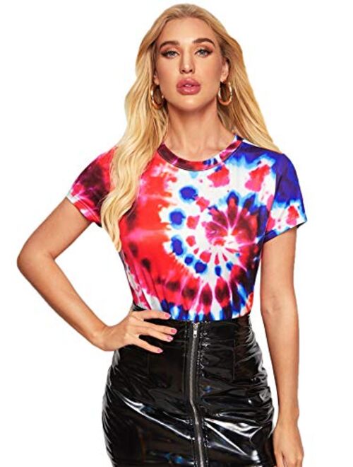 SheIn Women's Tie Dye Print Round Neck Short Sleeve Crop T-Shirt Top