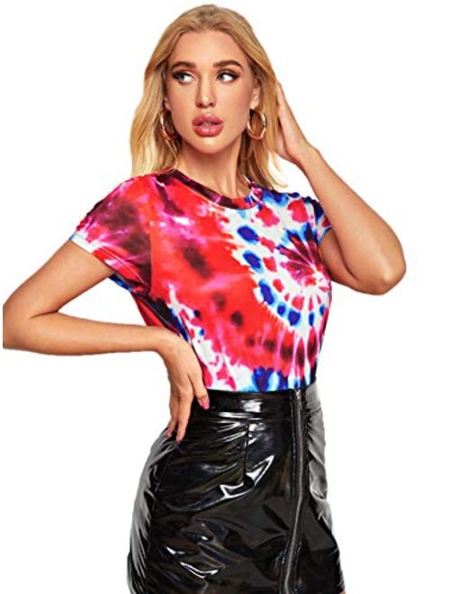 SheIn Women's Tie Dye Print Round Neck Short Sleeve Crop T-Shirt Top