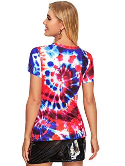 SheIn Women's Tie Dye Print Round Neck Short Sleeve Crop T-Shirt Top